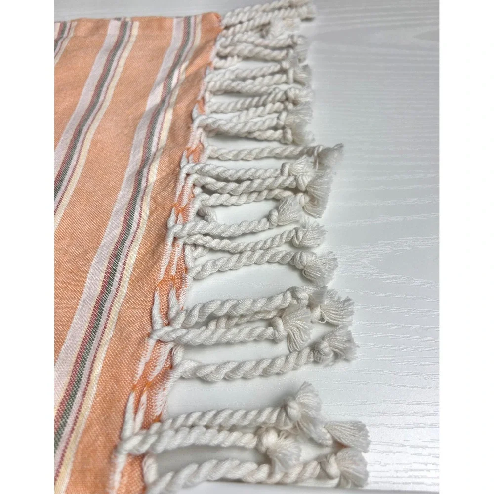 Pact Organic Cotton Hand Towels Set of 2 Orange Striped Fringe GOTS Certified